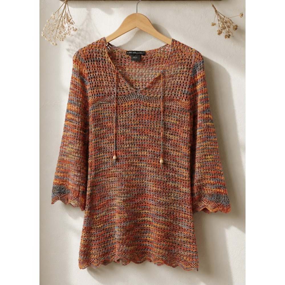 United States Sweaters Crochet Top Multi Color Boho Knit Bell Sleeve Tunic Sz‎ M